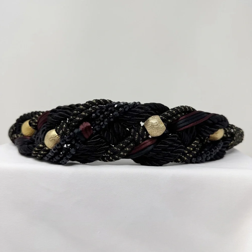 Vintage Braided Rope Belt Black Gold Beaded Statement Belt Boho